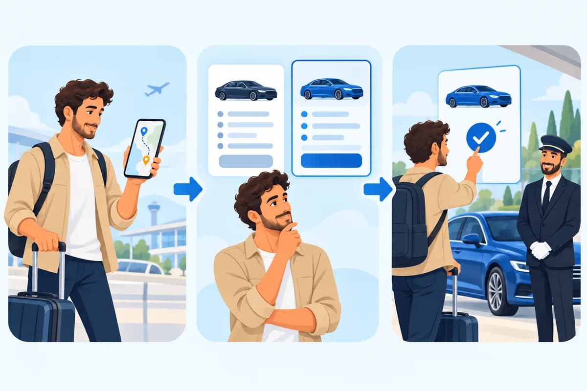 Parcours illustré en 2D : décrire son trajet, comparer deux devis puis choisir une offre chauffeur